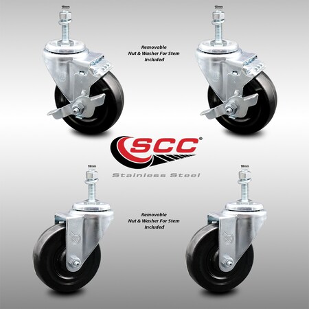 Service Caster 4 Inch SS Hard Rubber Wheel Swivel 10mm Threaded Stem Caster Brakes, 2PK SCC-SSTS20S414-HRS-M1015-2-TLB-2